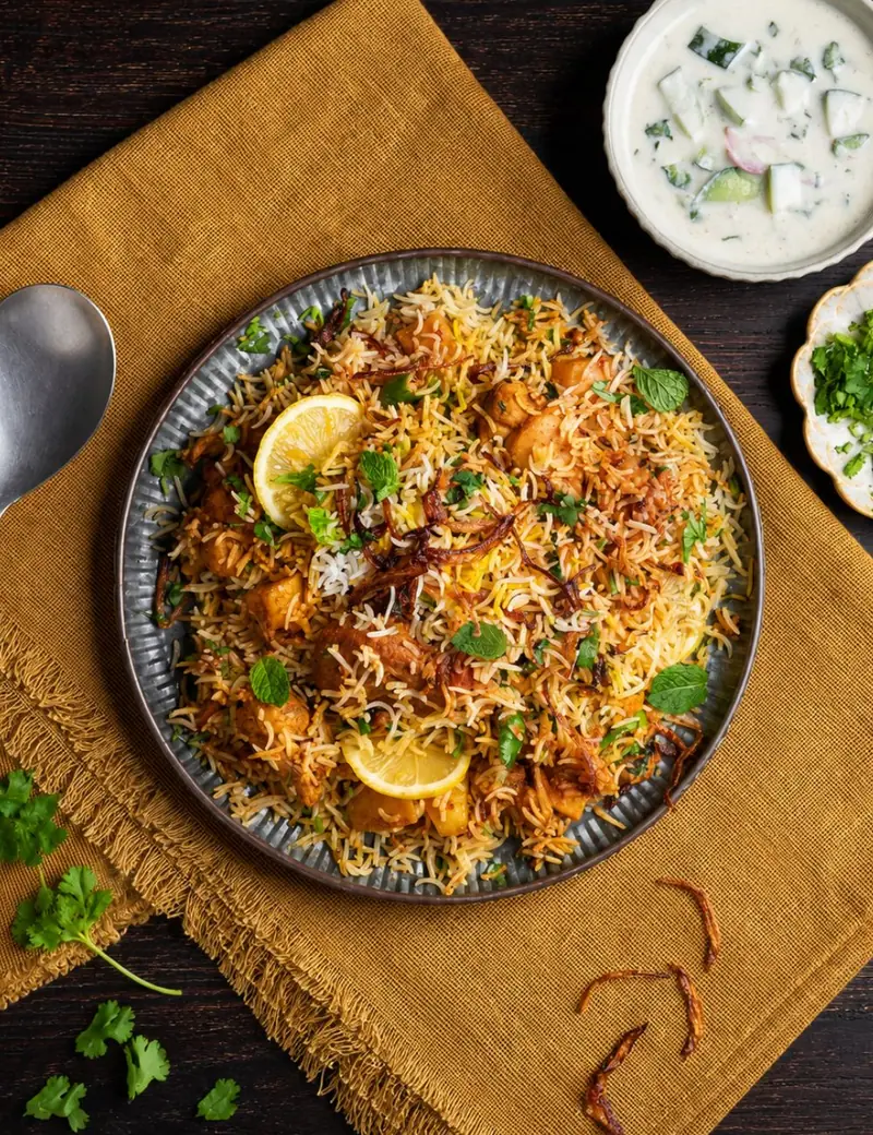 Biryani served with lemon and raita